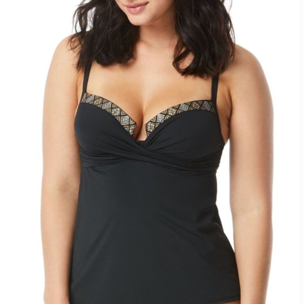 Contours by Coco Reef Tankini Top 8 32C Black Gold Aztec Shaping Swimwear NWT